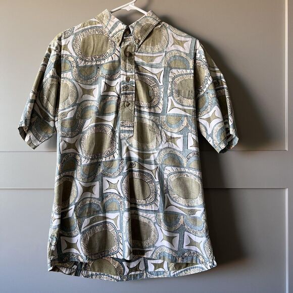 Vintage Kahala Shirt Mens Medium Tan Blue Fish Hawaiian Aloha Tribal 90s Cotton - Picture 1 of 14